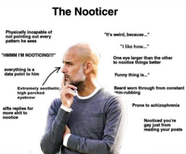 Image of a bald man with a beard, finger on his lips. Text is surrounding him which says: Physically incapable of not pointing out every pattern he sees; "HMMM I'M NOOTICING!!!"; everything is a data point to him; Extremely aesthetic high perched eyebrow; sifts replies for more shit to nootice; "It's weird, because..."; "I like how..."; one eye larger than the other to nootice things better; "Funny thing is..."; Beard worn through from constant chin-rubbing; Prone to schizophrenia; Nooticed you're gay just from reading your posts