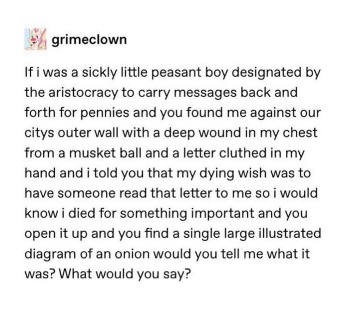 Screenshot of a Tumblr post by user grimeclown:

If I was a sickly little peasant boy designated by the aristocracy to carry messages back and forth for pennies and you found me against our city's outer wall with a deep wound in my chest from a musket ball and a letter clutched in my hand and I told you that my dying wish was to have someone read that letter to me so I would know I died for something important and you open it up and you find a single large diagram of an onion would you tell me what it was? What would you say?