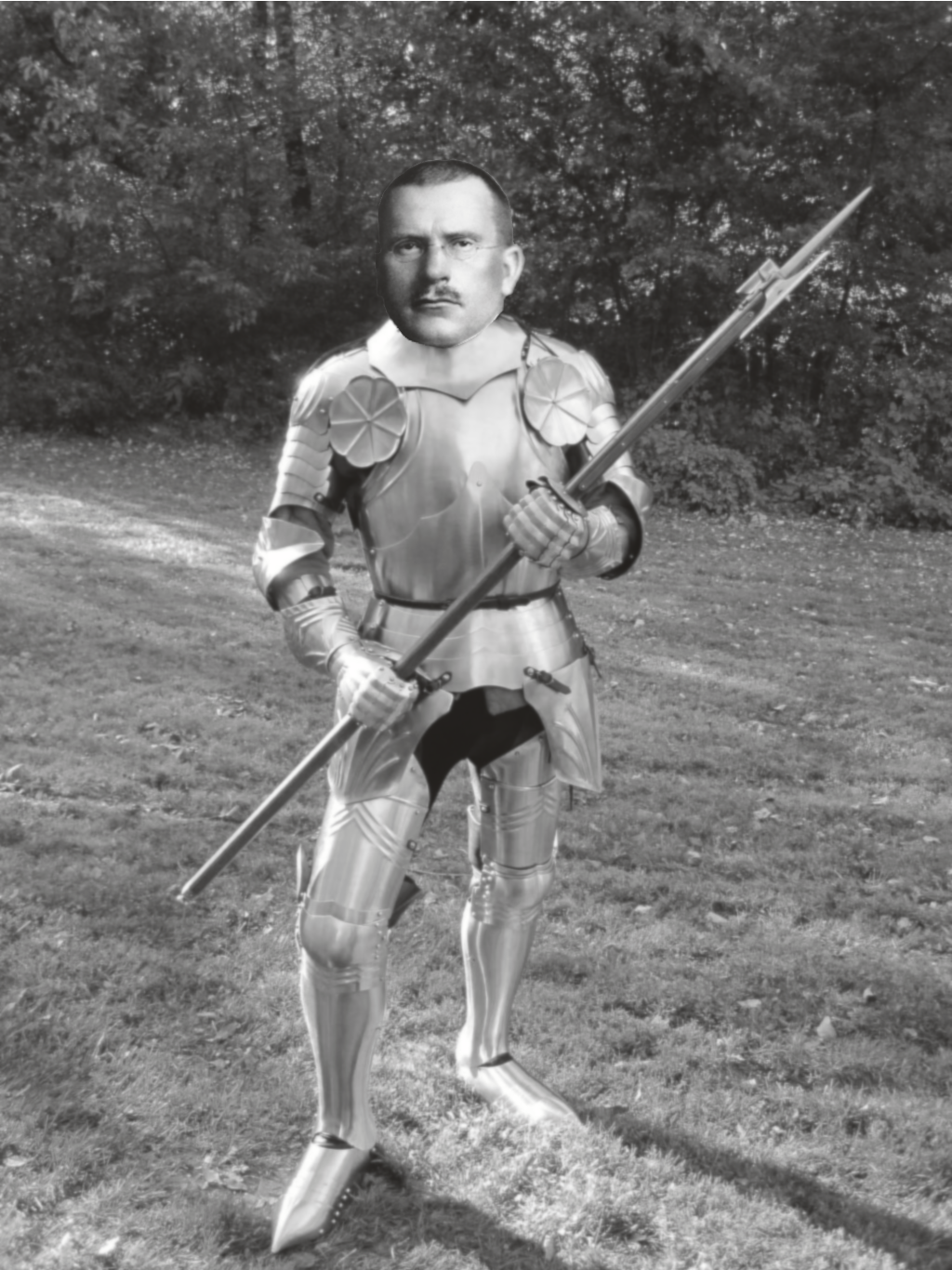 A picture of an early-20th-century man shopped over a suit of gothic armor.