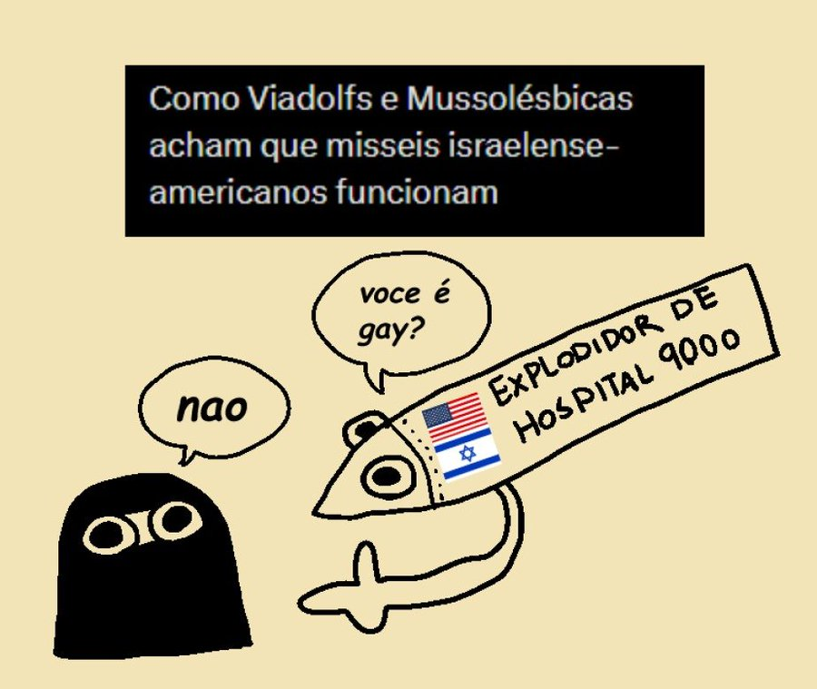 Title: How biadolfs and mussolesbians think the 'israeli'-american missiles work. Image: Anthropomorphic missile labelled "Hospitalexploder 9000" points at person in burka and asks "are you gay" the person says "no"