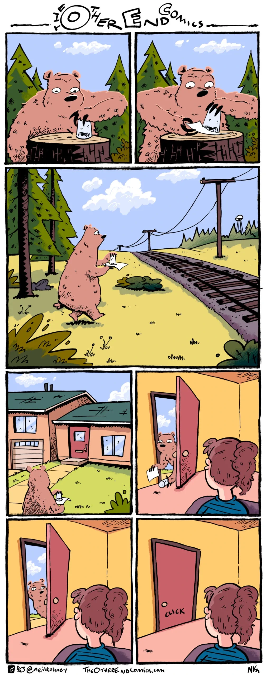 There's a bear in a forest, looking at a spider on a tree stump that it's trapped under a glass. The bear slides a piece of paper under the glass and carries the spider out of the woods. The duo cross train tracks, enter suburbia, and select a house. The view point of the comic changes, you're inside and within your line of sight is both the front door and the back of your partners head. The door opens and the bear releases the spider into your house, briefly makes eye contact and leaves, with the door clicking shut behind them and the spider scuttling towards you. It's probably funnier if you can see it but I tried my best.