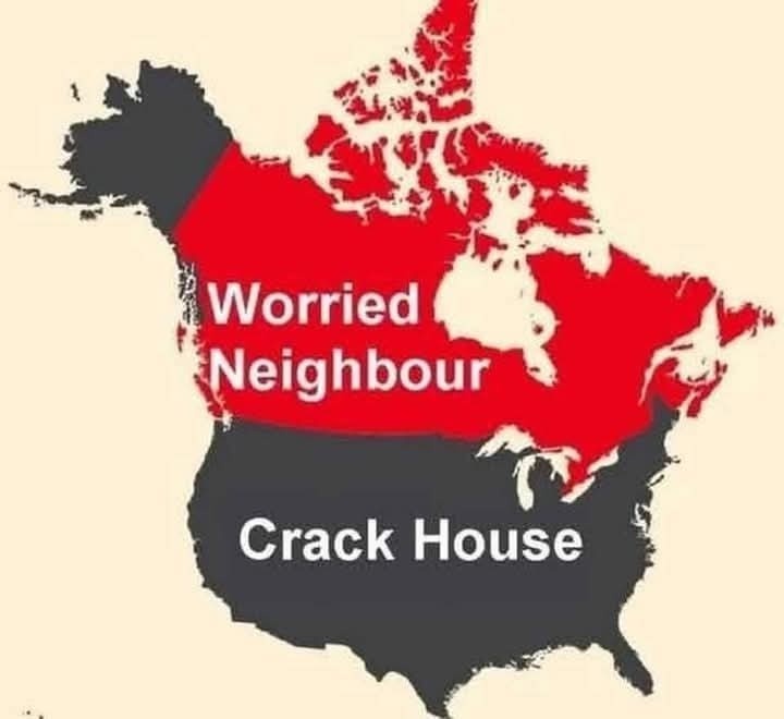 a picture of north America. Canada is labeled Worried Neighbor, the US is labeled crack house
