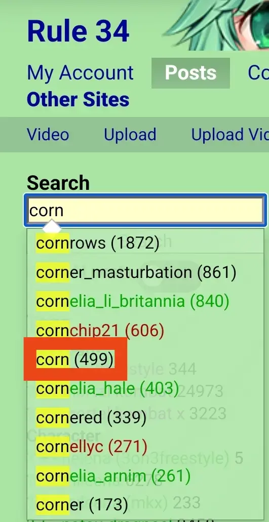A search for content tags on the porn site rule34.xxx, with the word "corn" typed in. In the list of returned tags, corn has 499 associated images.