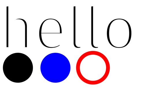 Screenshot of what looks like abstract art. The word "hello" is in thin, almost calligraphic letters at the top. Below it are three circles, spread out horizontally, in the colors black, blue and then red with white fill.