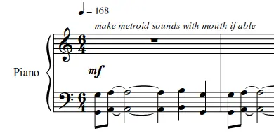 Piano sheet music containing the instruction “make metroid sounds with mouth if able”