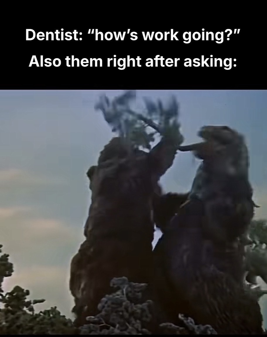 Screen grab from an old Kong versus Godzilla movie showing Kong choking Godzilla with a tree with the caption ‘Dentist: "how's work going?"
Also them right after asking:”’