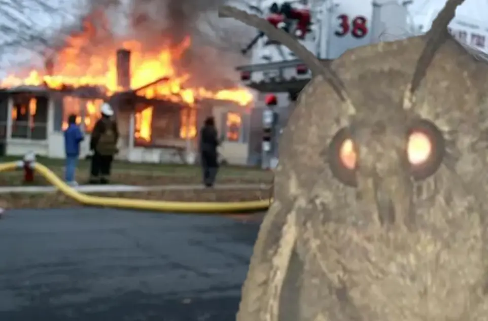 Disaster Girl meme but with the Moth Lamp moth in place of the girl