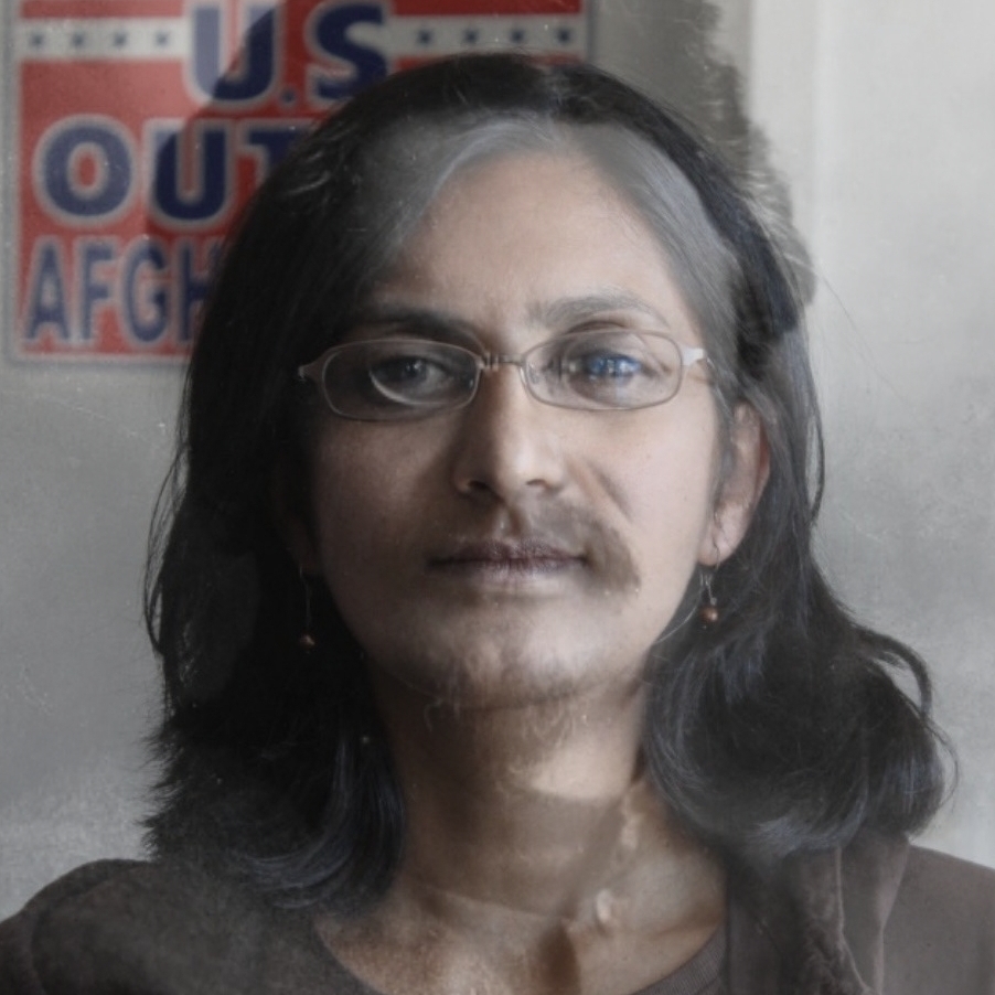 Kshama Sawant with a 50% transparency Leon Trotsky image overlaid, very low effort