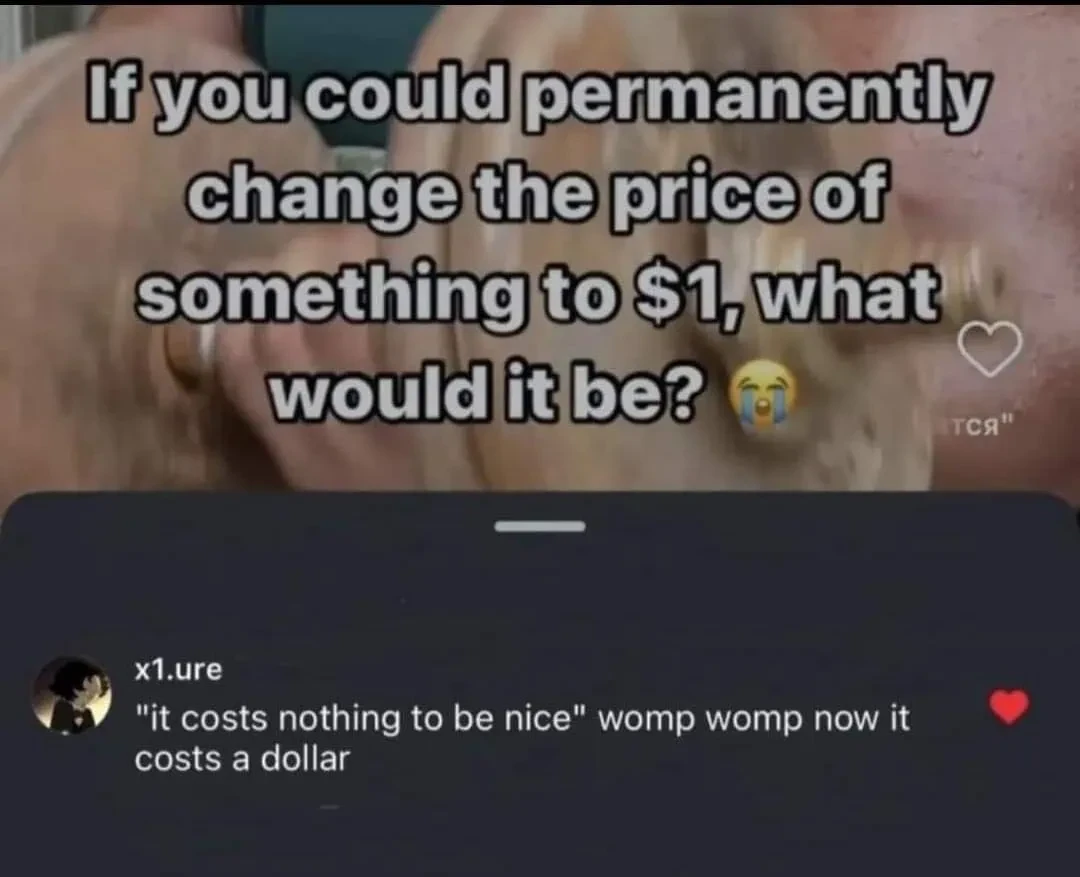 Post: If you could permanently change the price of something to $1, what would it be?😭 Comment: "it costs nothing to be nice" womp womp now it costs a dollar