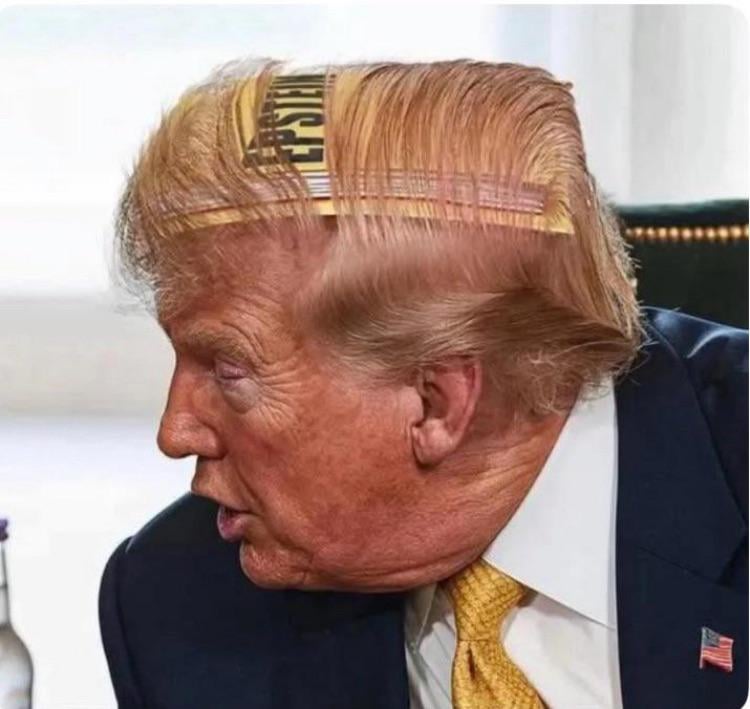 a photoshopped image of trump, where a folder that says Epstein is hidden under his hair