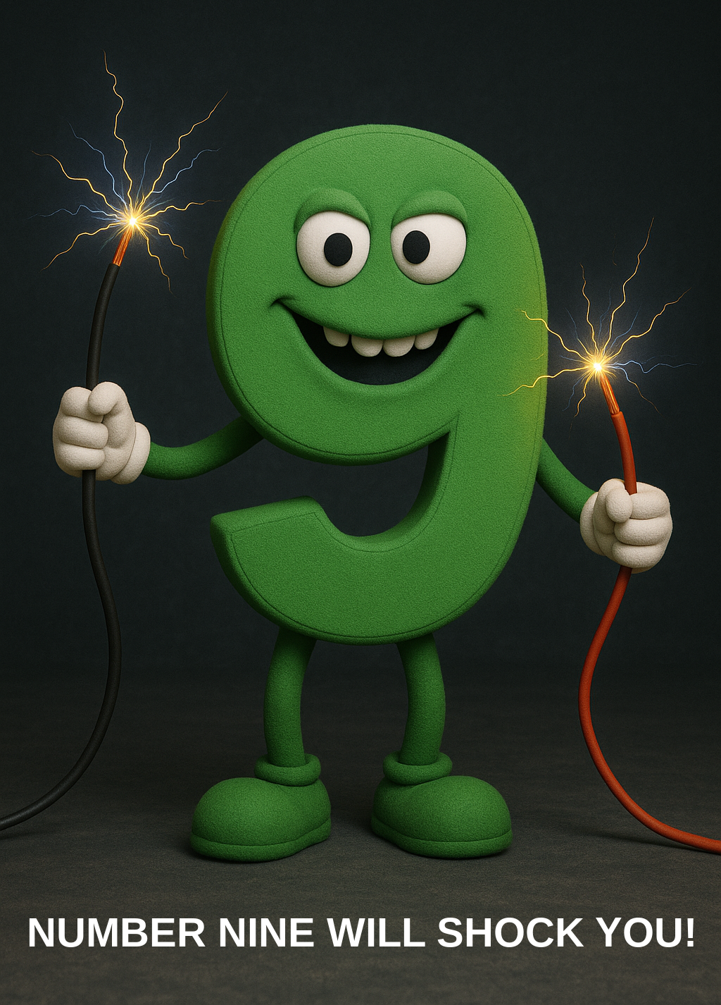 "Number nine will shock you"... a green anthropomorphized numeral nine holds two sparking electrical cables facing the viewer with a troubling expression.