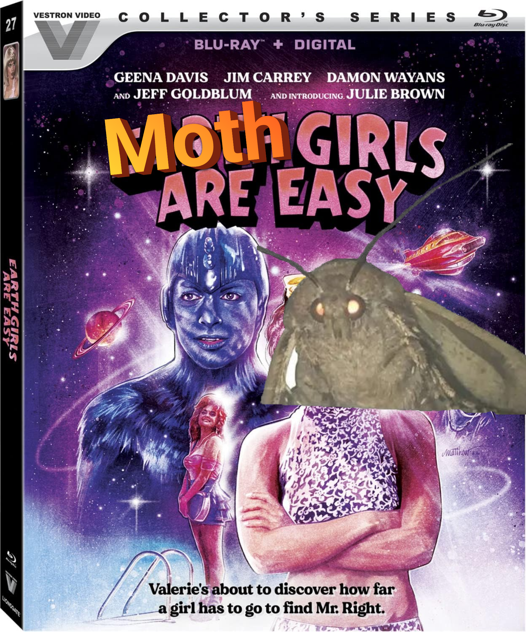 A DVD cover for the movie Earth Girls Are Easy, modified with a moth 