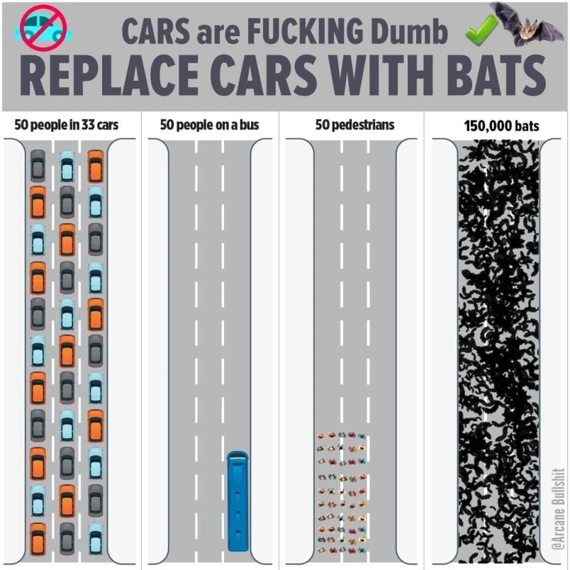 "Cars are fucking dumb. Replace cars with bats". Diagramm showing how much space people take in cars vs a bus vs on foot, with a additional column that's 150,000 bats
