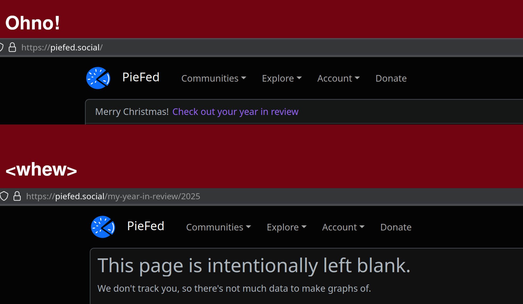 Top half - Piefed home page suggesting you can visit their Year in Review page for your account. Bottom half - " This page is intentionally left blank.  We don't track you, so there's not much data to make graphs of."