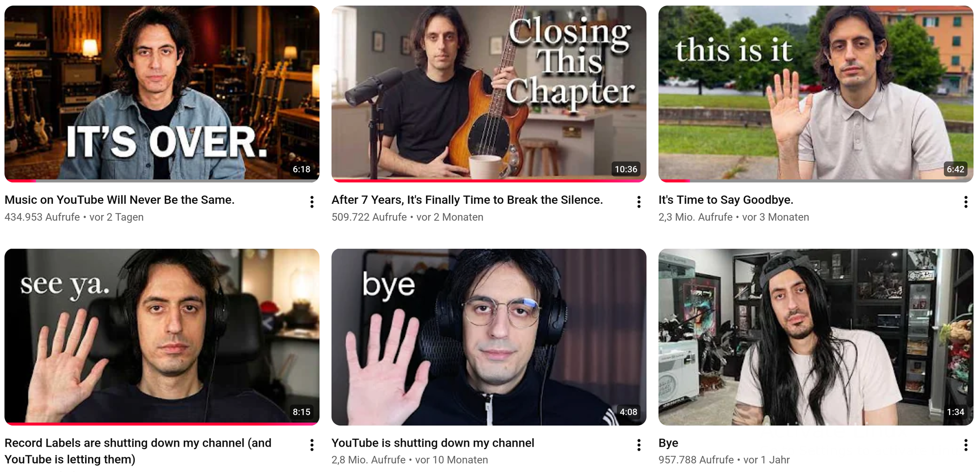 Screenshot of Davie504s curated list of video thumbnails containing following captions: "this is it", "bye", "see ya", "it's over", "closing this chapter" 