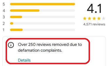 Screenshot of a business on Google Maps with "Over 250 reviews removed due to defamation complaints." in the past past 365 days.