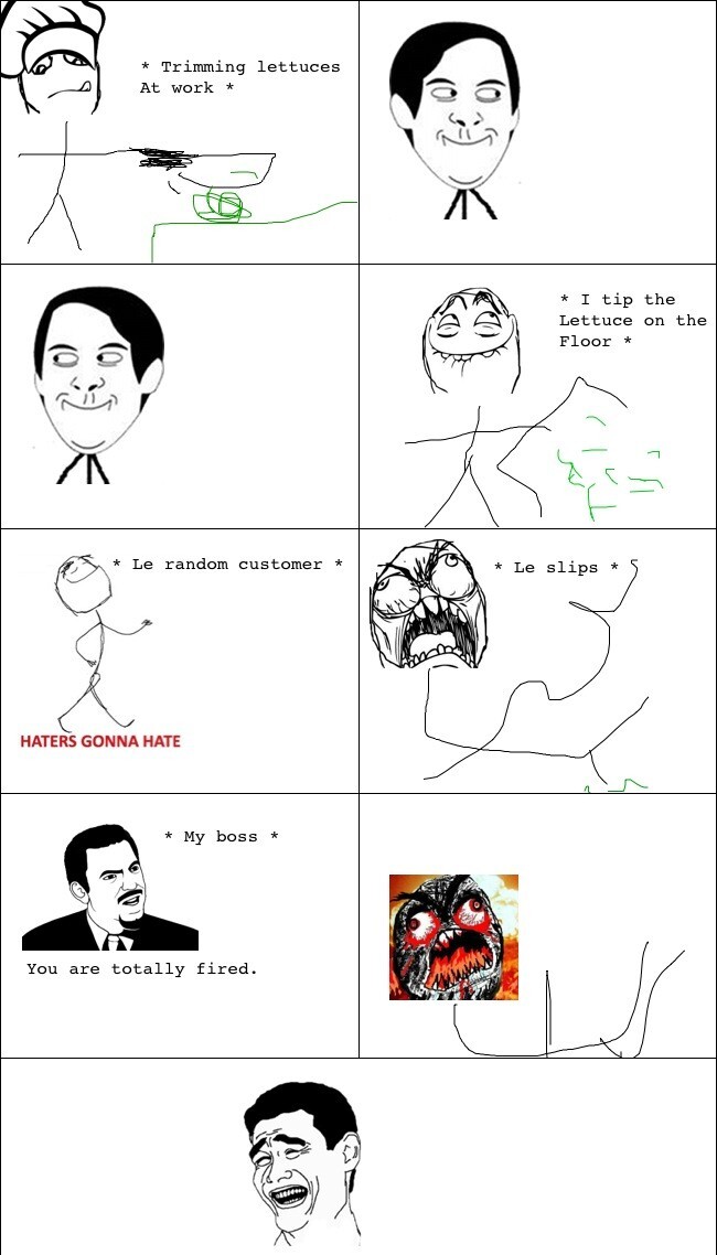 rage comic about tipping lettuce on the floor, tripping a customer, then getting fired