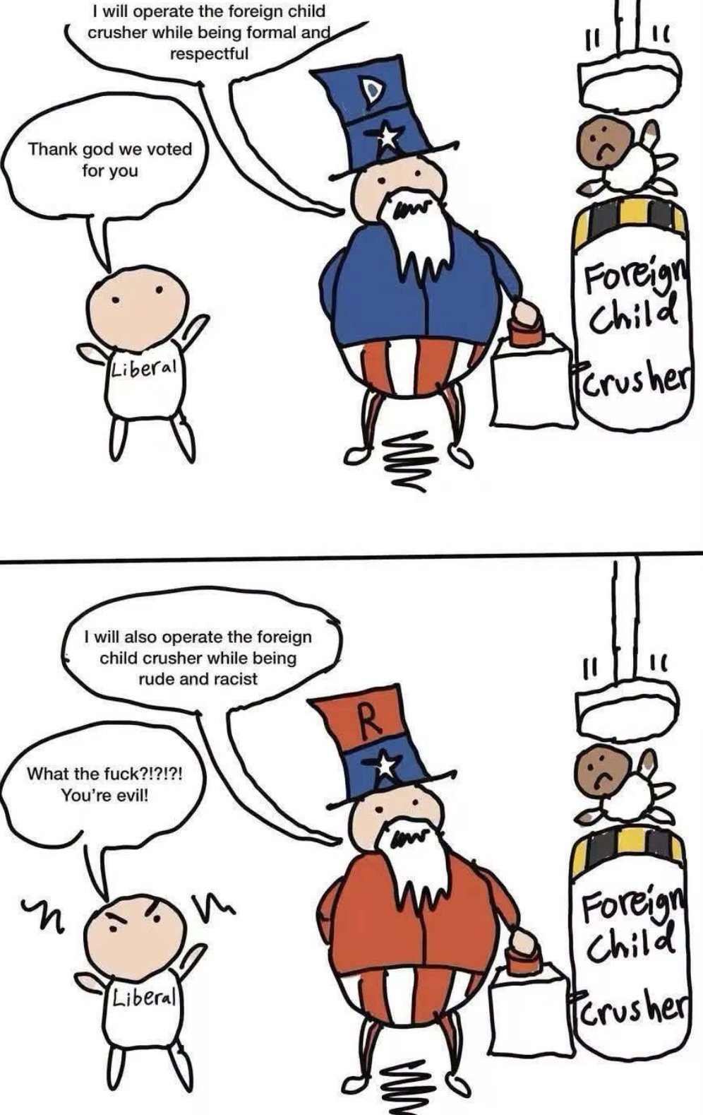 Dem president "I will operate the foreign child crusher while being formal and respectful" libs: "Thank god we voted for you!" Republican President: "I will also operate the foreign child crusher while being rude and racist" libs: "Wtf? You are evil" 